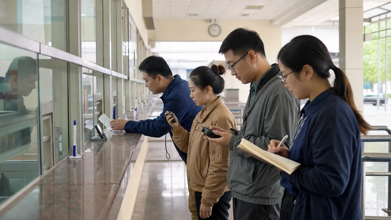 Four Vietnamese colleagues observe and measure the same service-counter journey before opening hours.