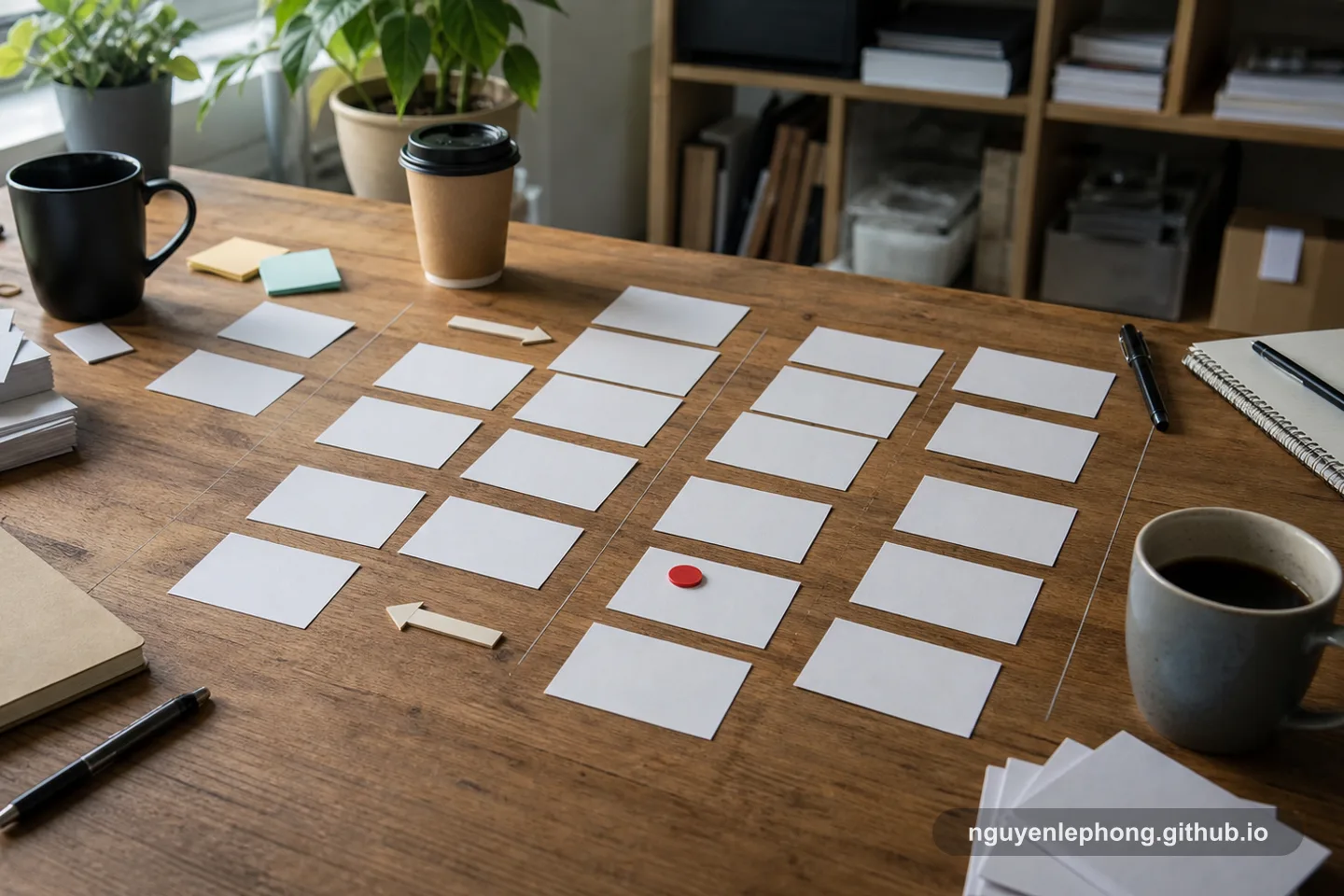 Blank work cards, coffee, notebooks, and a single red blocker token sit on a shared table, showing the work itself as the center of the standup.