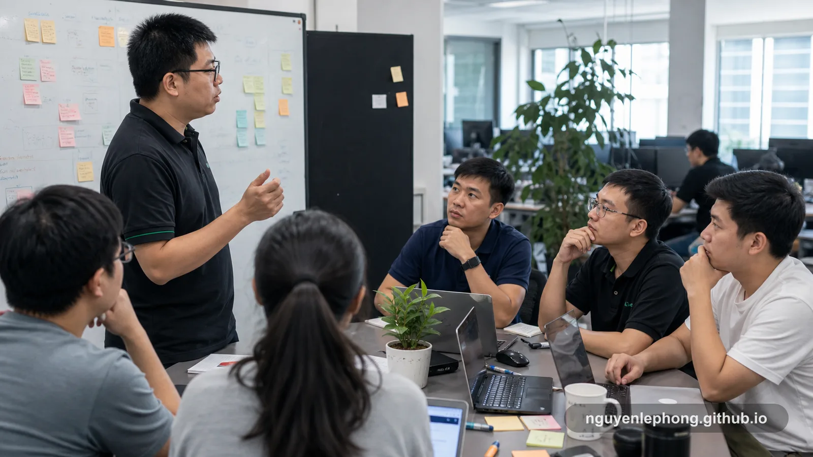 A Vietnamese software team pauses at the end of daily standup as one engineer asks a small question that changes the room's attention.