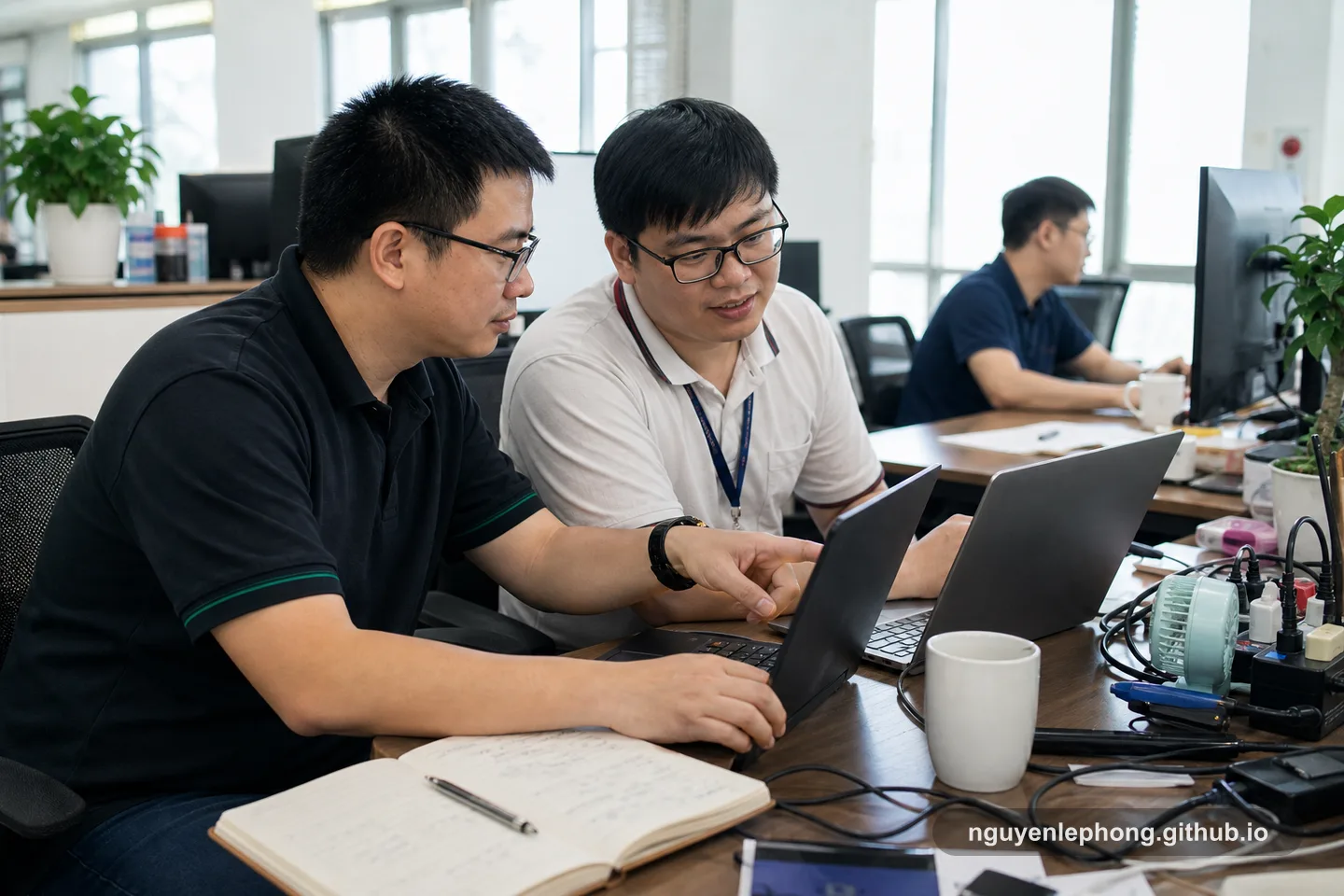 A senior engineer sits beside a teammate for a short pairing session after standup, choosing help now instead of another quiet day of drift.