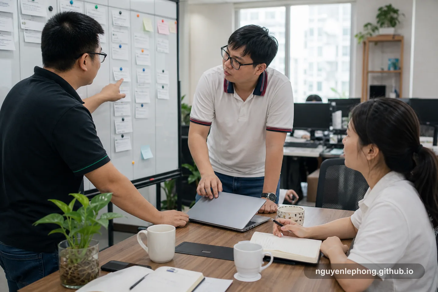Three teammates stand around a planning board and laptop, narrowing the day to one meaningful choice instead of several half-started tasks.