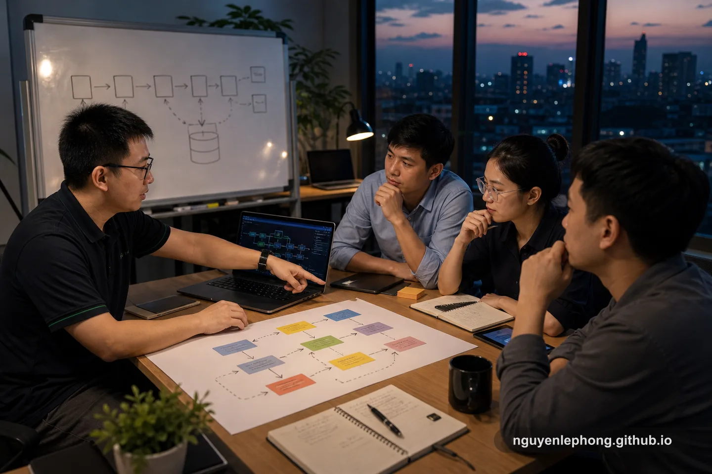Nguyen Le Phong leads a dusk planning session where a small engineering group maps the steps and compensations of a multi-service workflow before confirming the final outcome.