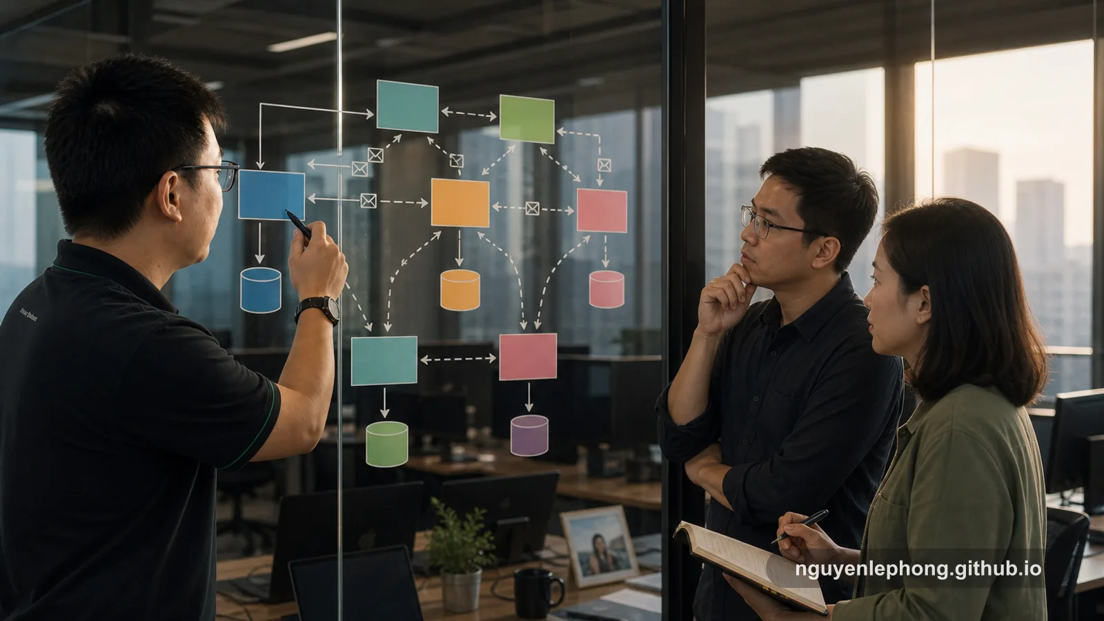 Nguyen Le Phong stands beside a glass wall diagram, walking two teammates through how separate services keep their own data and exchange events instead of sharing tables.