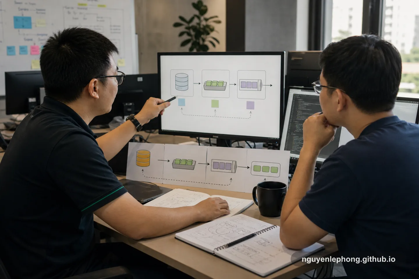 Nguyen Le Phong sits beside a teammate at a workstation, pointing at a simple database-to-outbox-to-broker flow while they review how one commit becomes a safe publish.