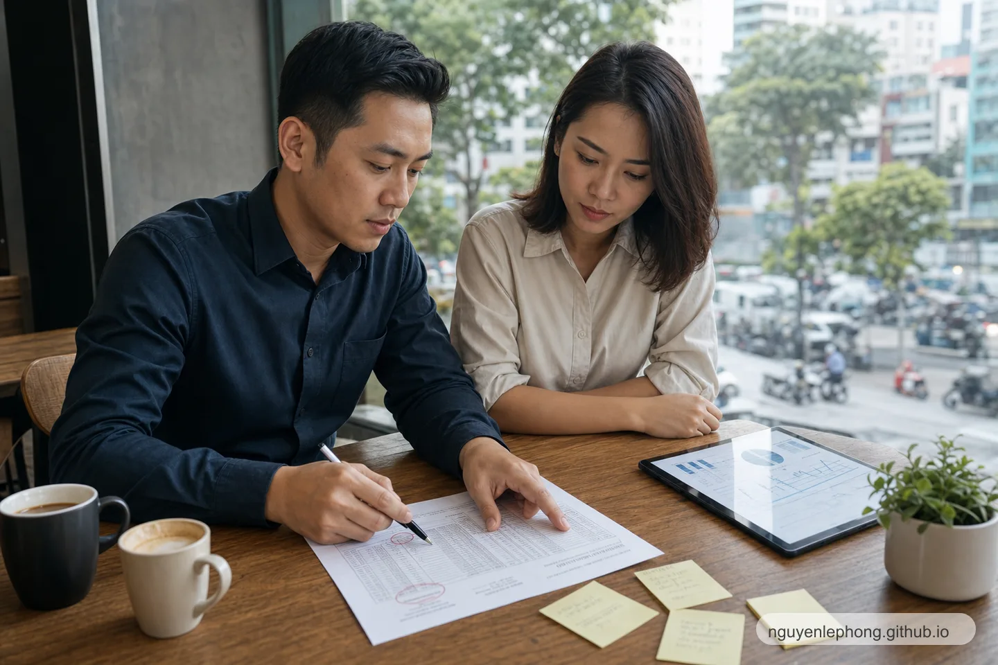 A Vietnamese founder and an operations lead review a one-page scorecard, circling a few metrics beside a tablet dashboard at a cafe table.