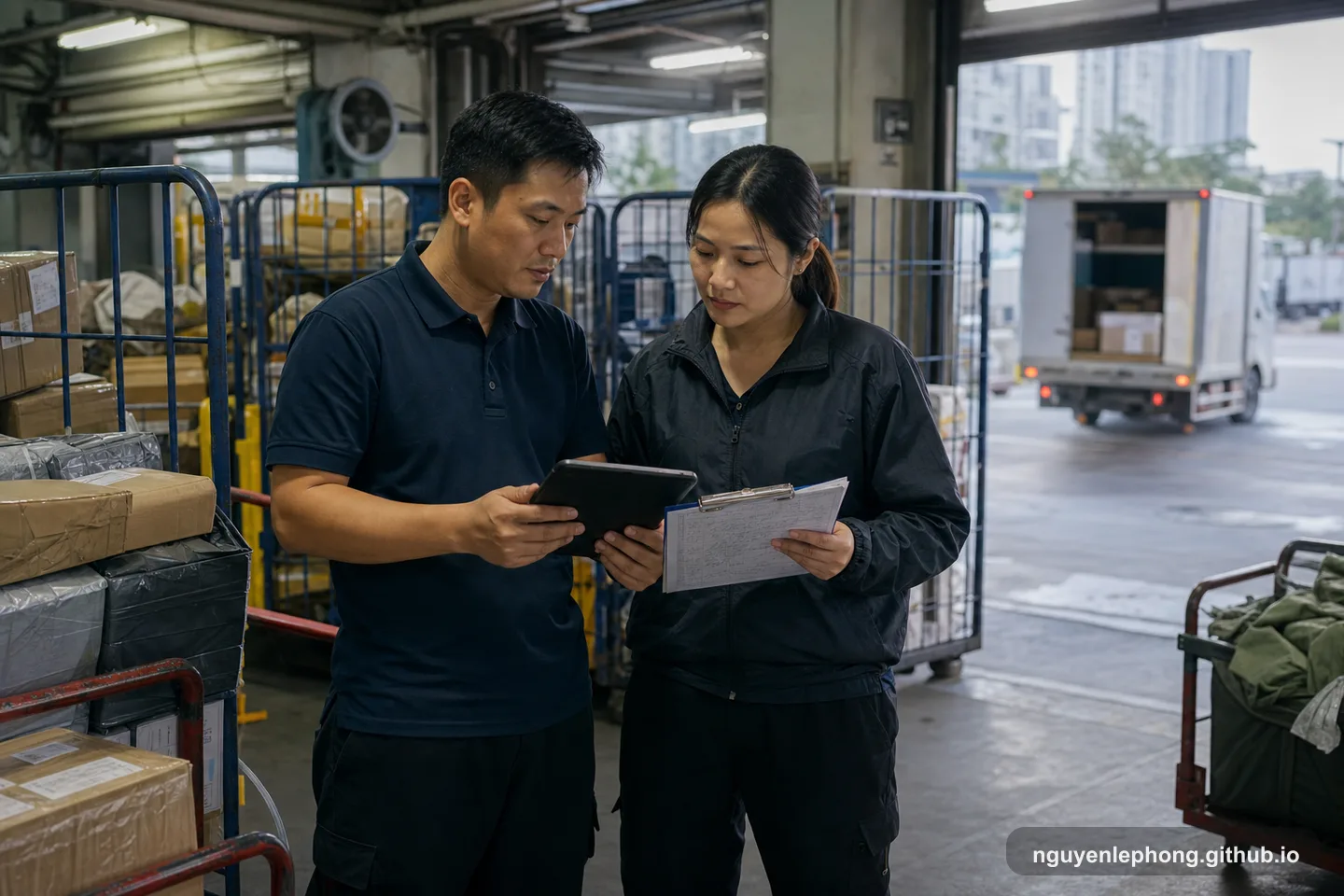 A Vietnamese dispatch supervisor and a customer support lead compare a tablet and checklist beside packed parcels before delayed deliveries spread.