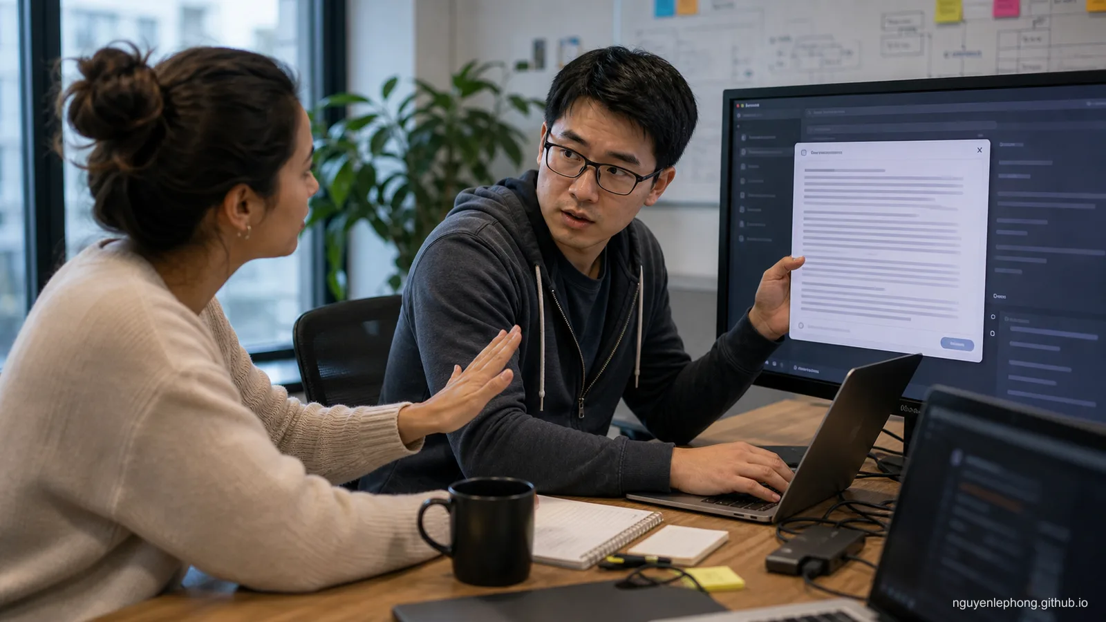 Một teammate dừng tay trước màn hình đang mở customer ticket, trong khi người bên cạnh chặn thao tác paste và hỏi liệu dữ liệu đó có được phép đưa vào AI tool hay không.