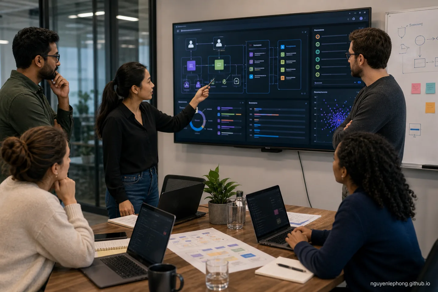 Một nhóm product và security đang cùng xem các privacy control của hệ AI, từ permission, retrieval path cho tới dashboard retention.