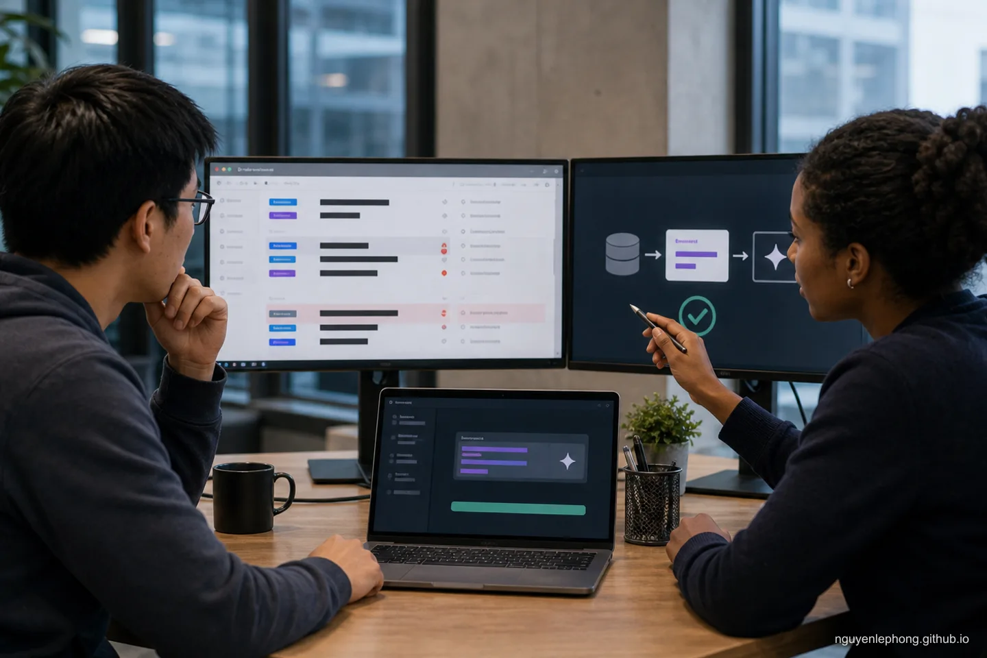 Hai engineer cùng rà soát ticket đã được che bớt thông tin và các field đã mask trước khi chỉ gửi phần context thật sự cần vào AI workflow.