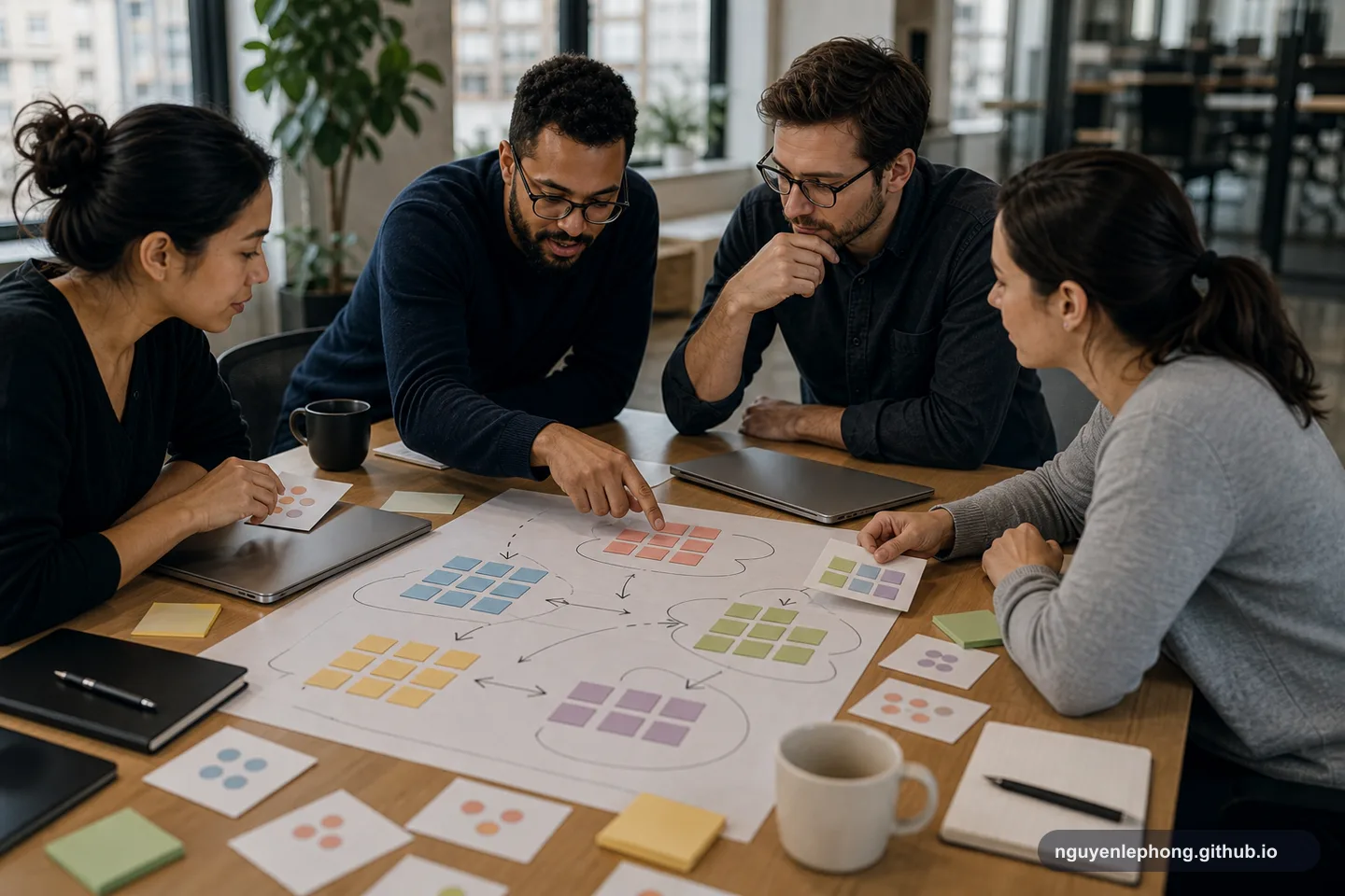 A product and platform team reviews partition diagrams and hotspot patterns while debating which shard key will spread traffic evenly.