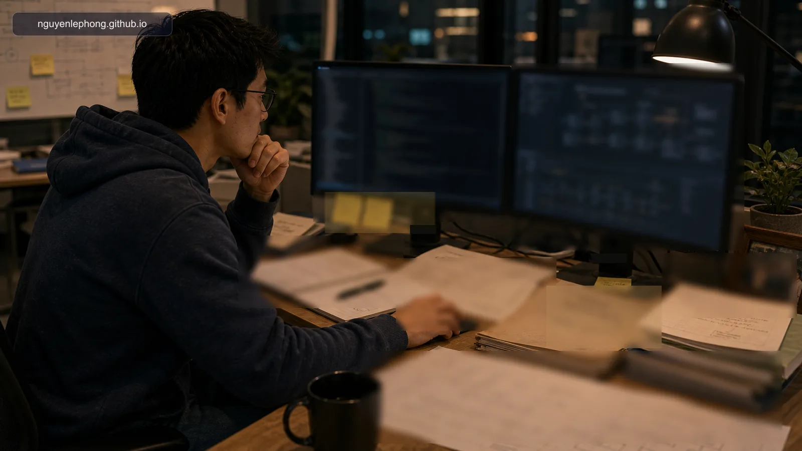 An engineer studies an old codebase late at night with architecture sketches and legacy flow diagrams spread across the desk.