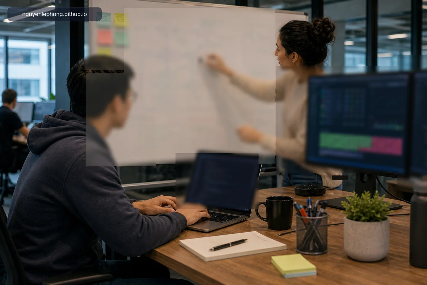 Two engineers trace an old code path together while adding tests and marking one small safe change on a whiteboard.