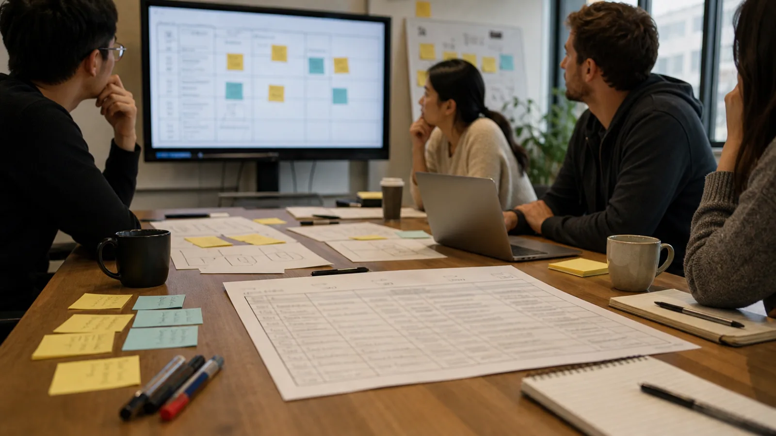 Một team xem lại decision artifact, sticky note và màn hình planning chung sau một buổi thảo luận product và engineering bình tĩnh.