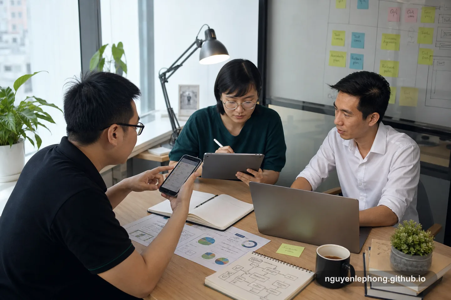 Three teammates review a test device, notes, and a laptop before handing a feature forward, treating completion as a trust check instead of a slogan.