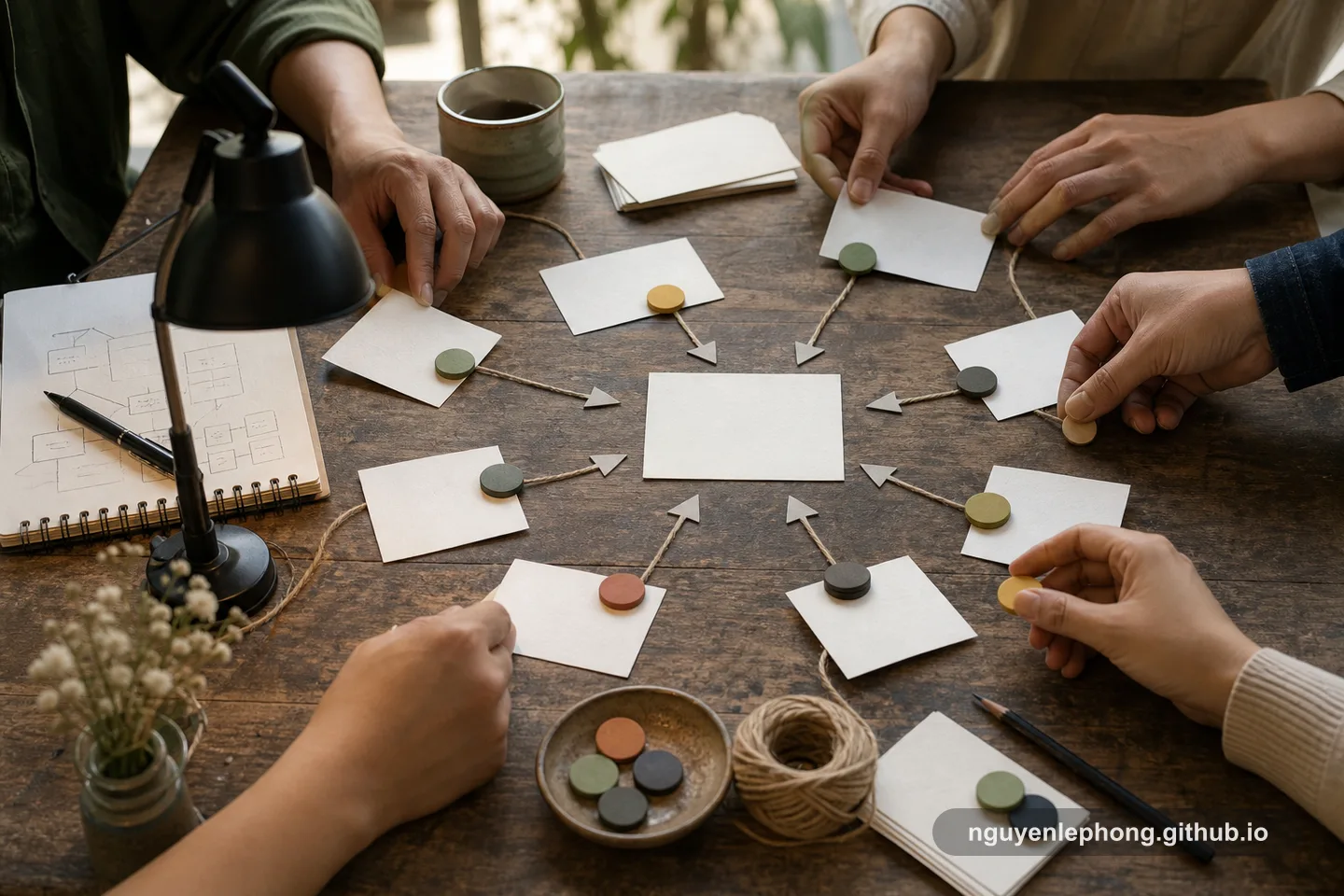 Several hands arrange blank cards and arrow markers so the outer pieces all point back toward one quiet center card on a wooden table.