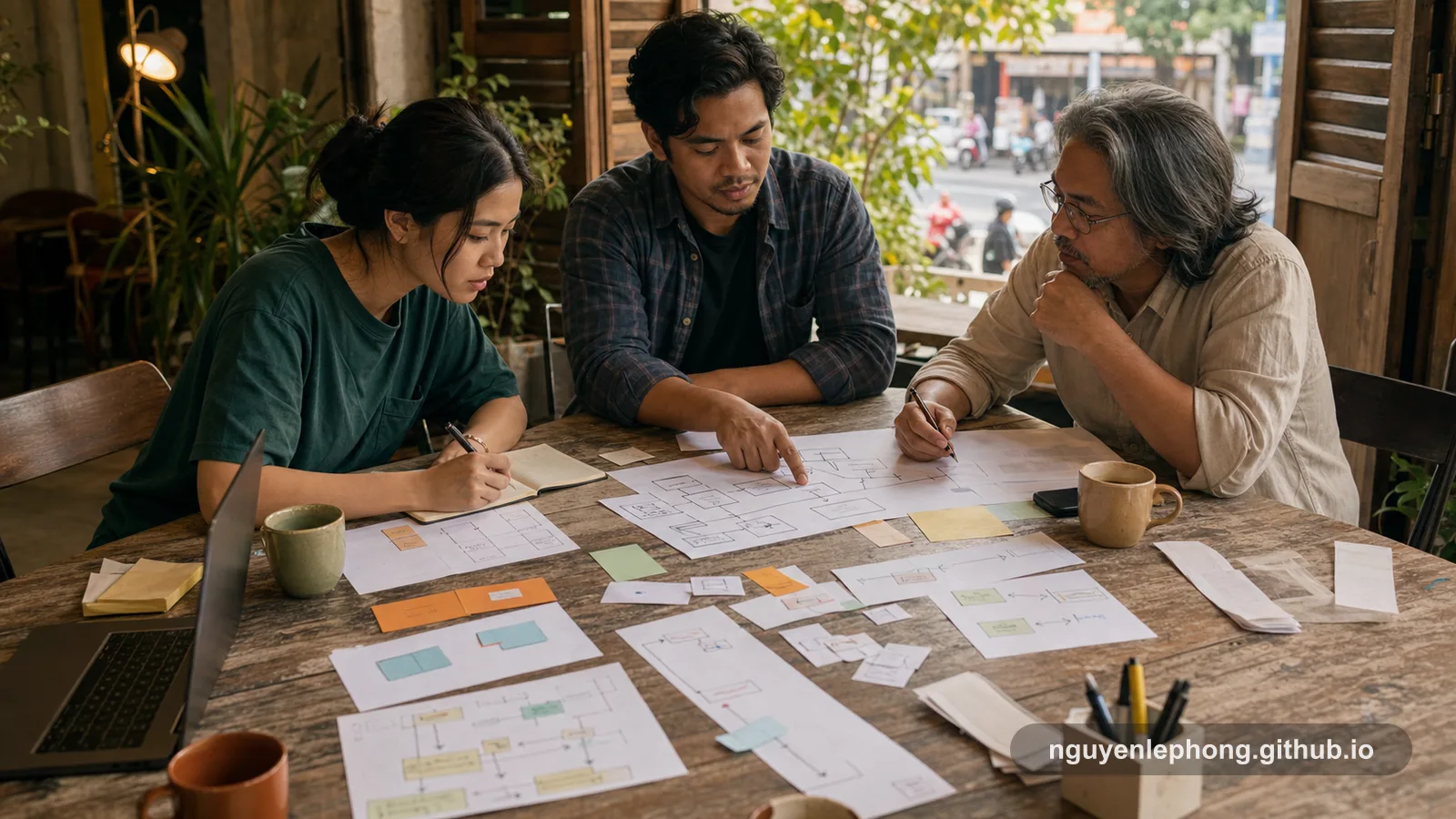 Three teammates sort refund diagrams, notes, and receipts around one worn wooden table in a warm city workspace, tracing how one rule now reaches across several systems.