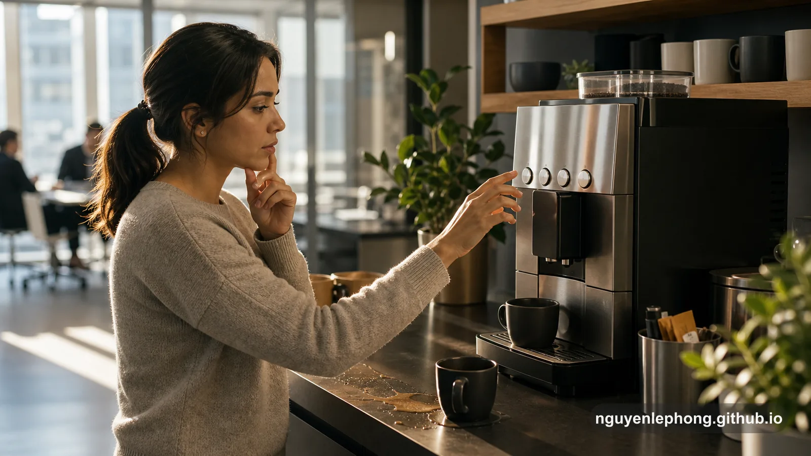 A teammate hesitates in front of an office coffee machine with four nearly identical silver buttons and no obvious clue about which action is safe.