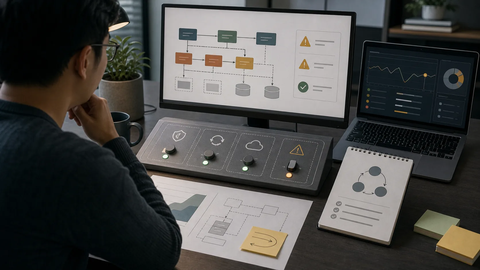 Một bàn architecture bình tĩnh với configuration panels, fallback paths, warning markers và các engineer review safe default behavior.