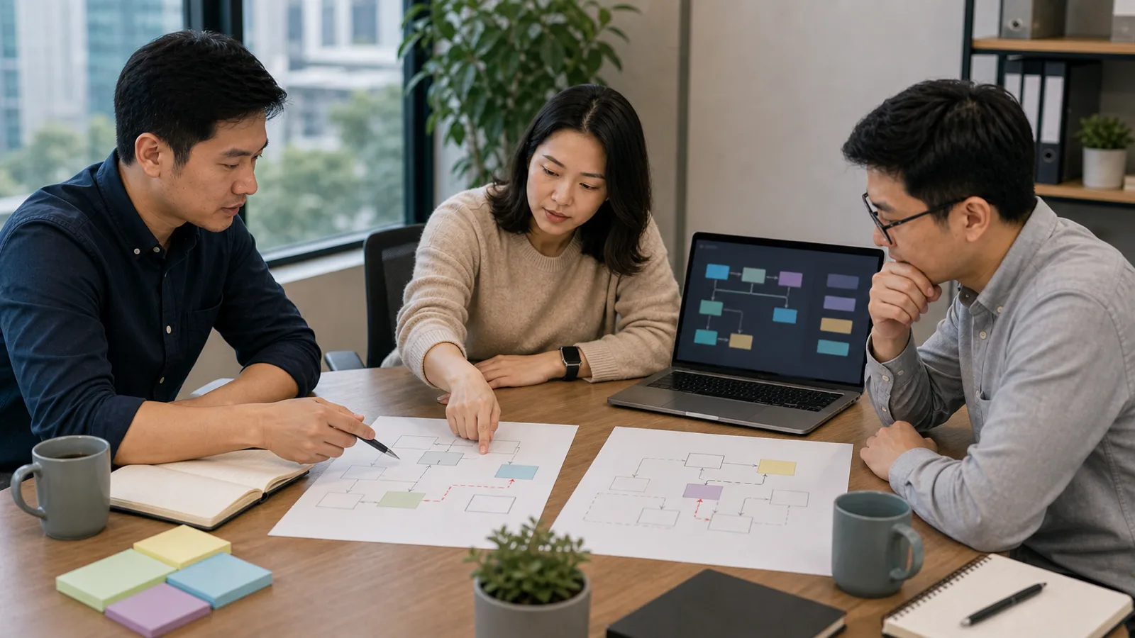 Engineers compare two simple unlabeled system sketches and point at one visible change path.