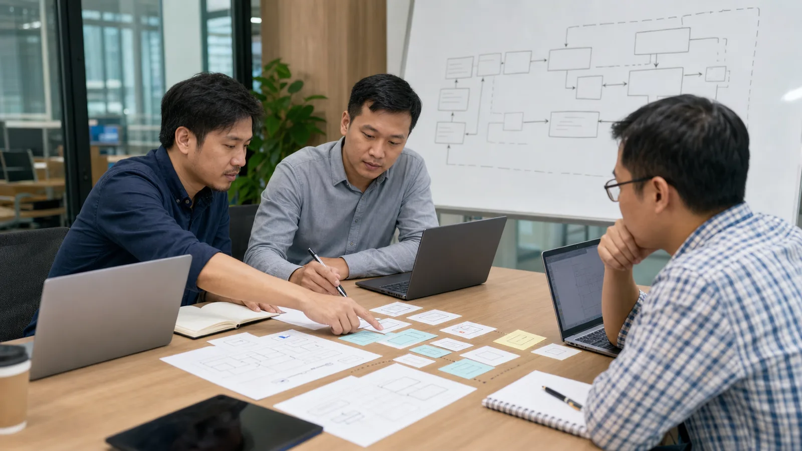 Engineers calmly review interface boundary cards and an abstract architecture diagram around a shared office table.