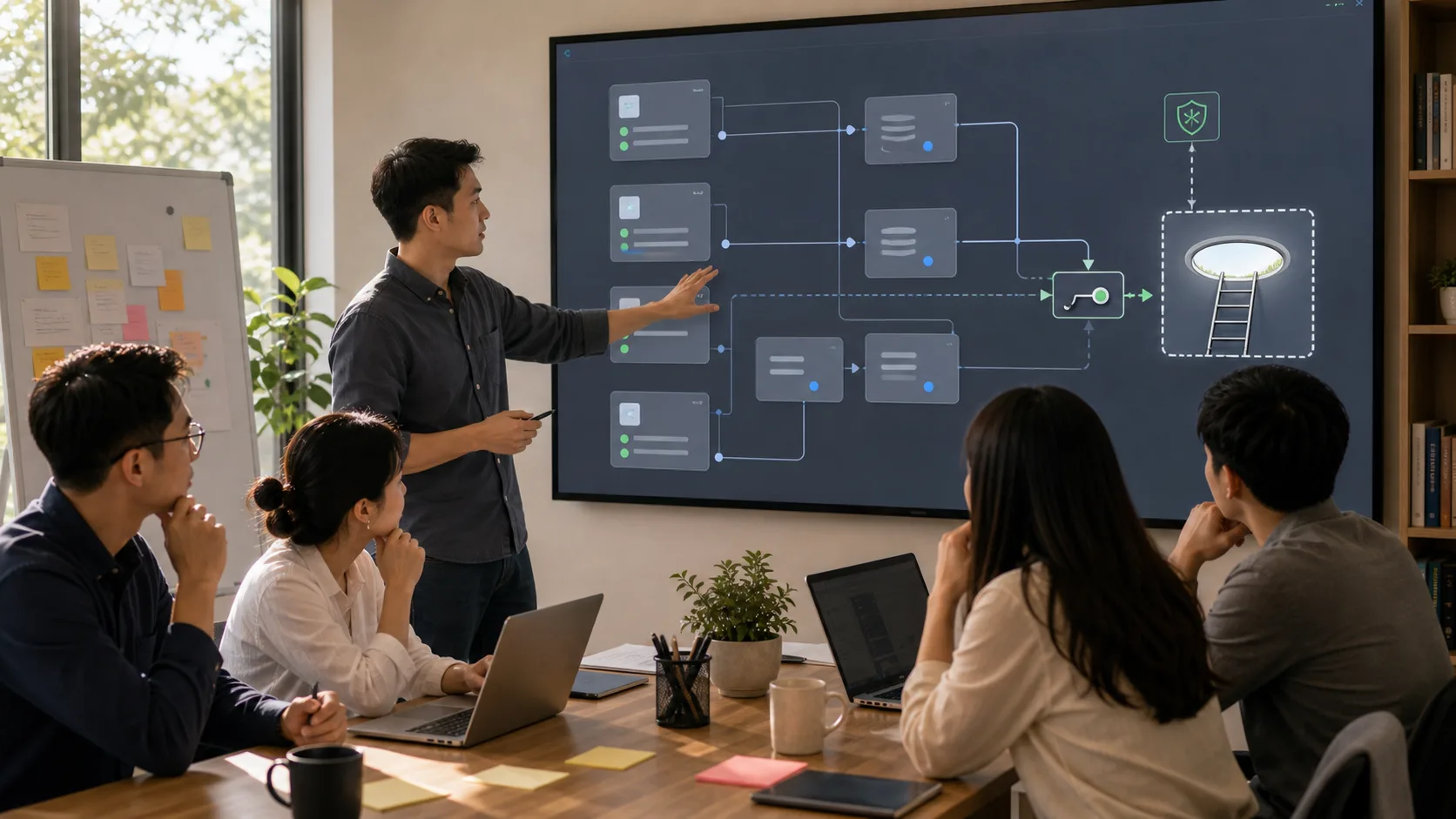 An engineering team reviews a service diagram with a clearly marked safe escape path and guarded control.