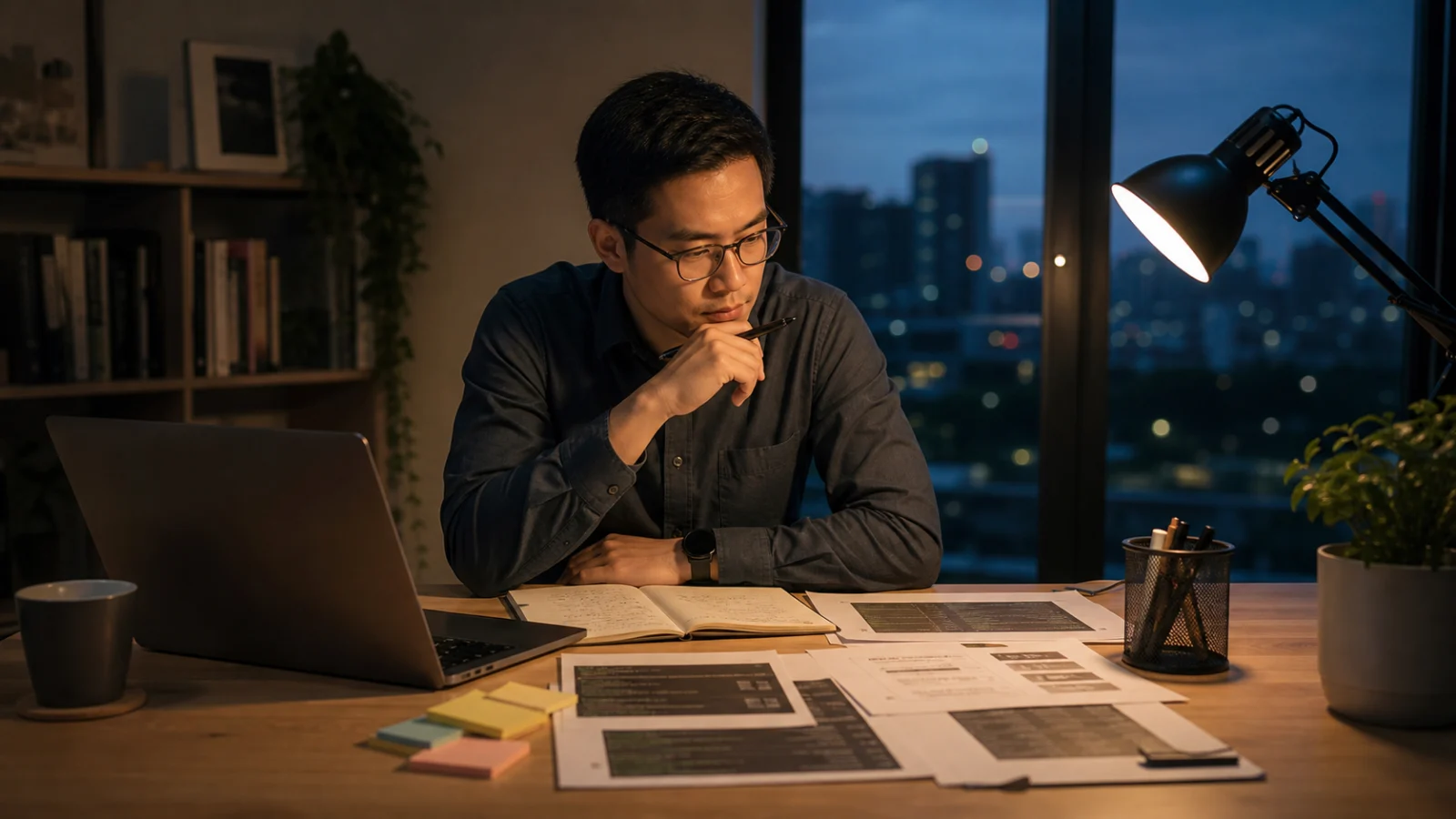 A professional compares a confident plan with notes and evidence at a quiet evening desk.