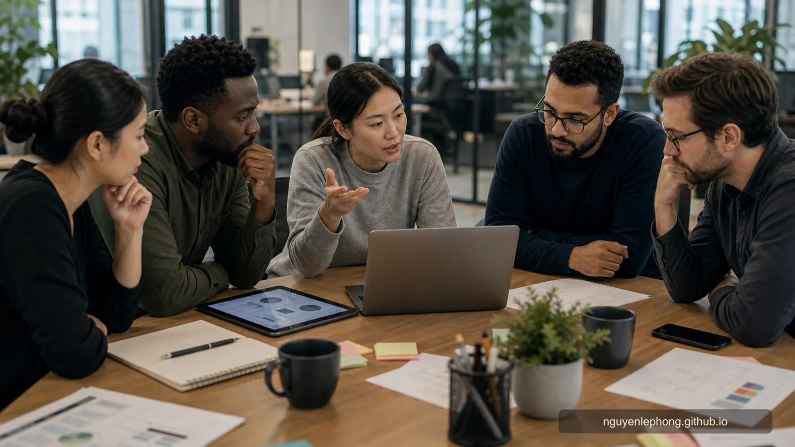 A product manager, engineer, and designer pause during an AI feature review around a conference table as a consent question changes the conversation.