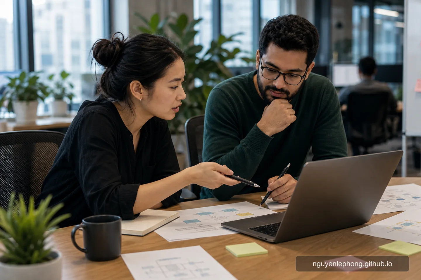 Two teammates review a laptop and printed notes while deciding which customer data an AI workflow should actually use.