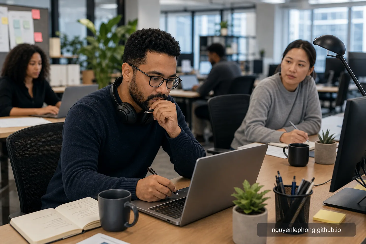 A support reviewer studies an AI recommendation with enough context to challenge it while a teammate watches nearby.