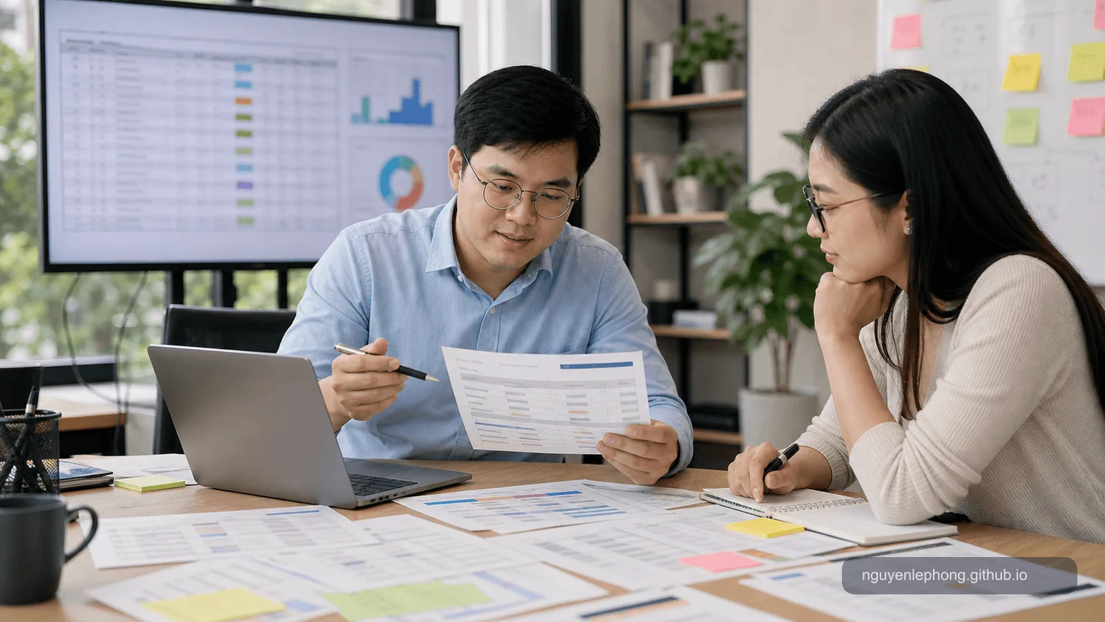 Two teammates review messy evaluation examples on paper and a laptop while comparing real support cases for an AI feature.