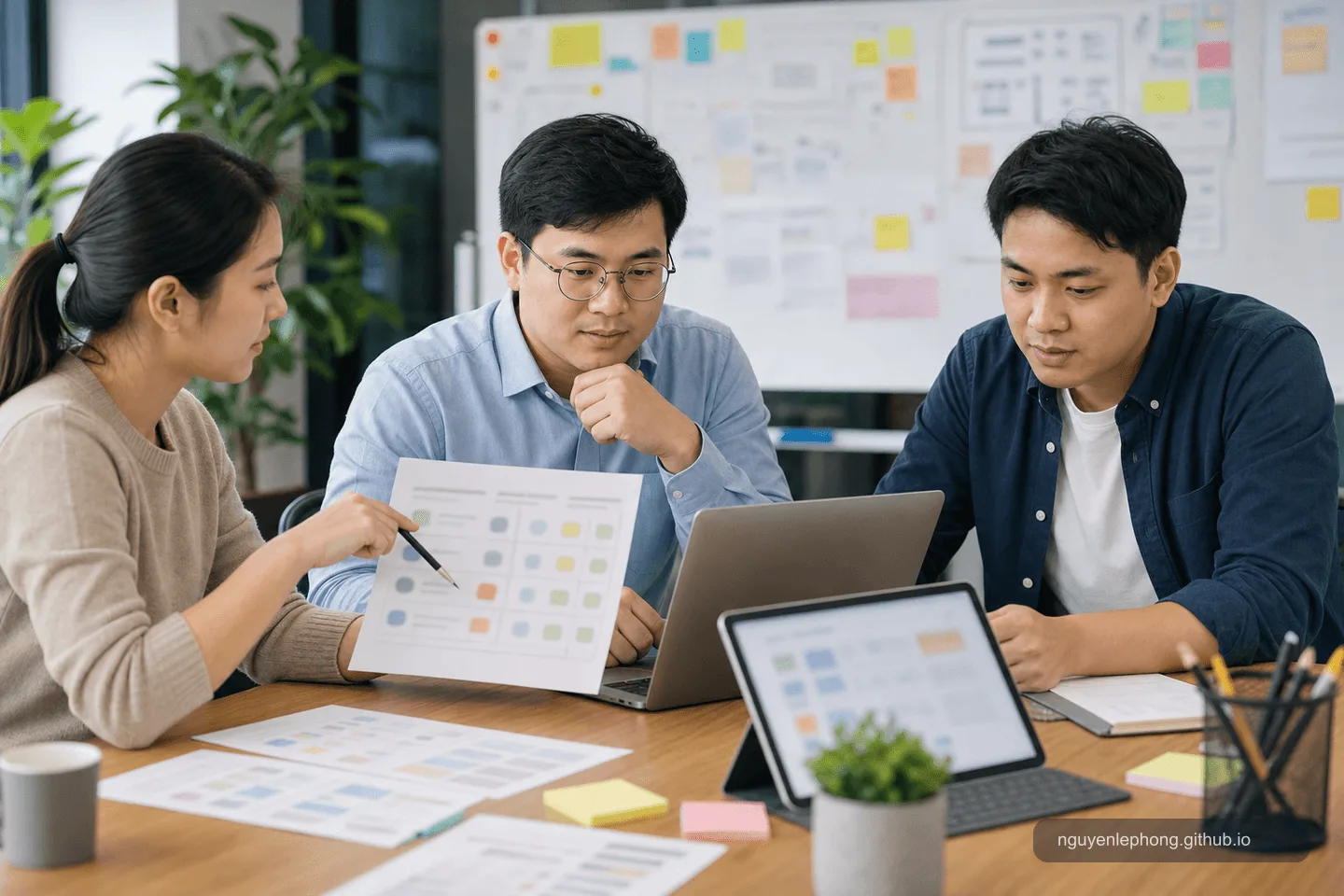 A small team compares blurred rubric sheets and laptop results while reviewing AI answers together.