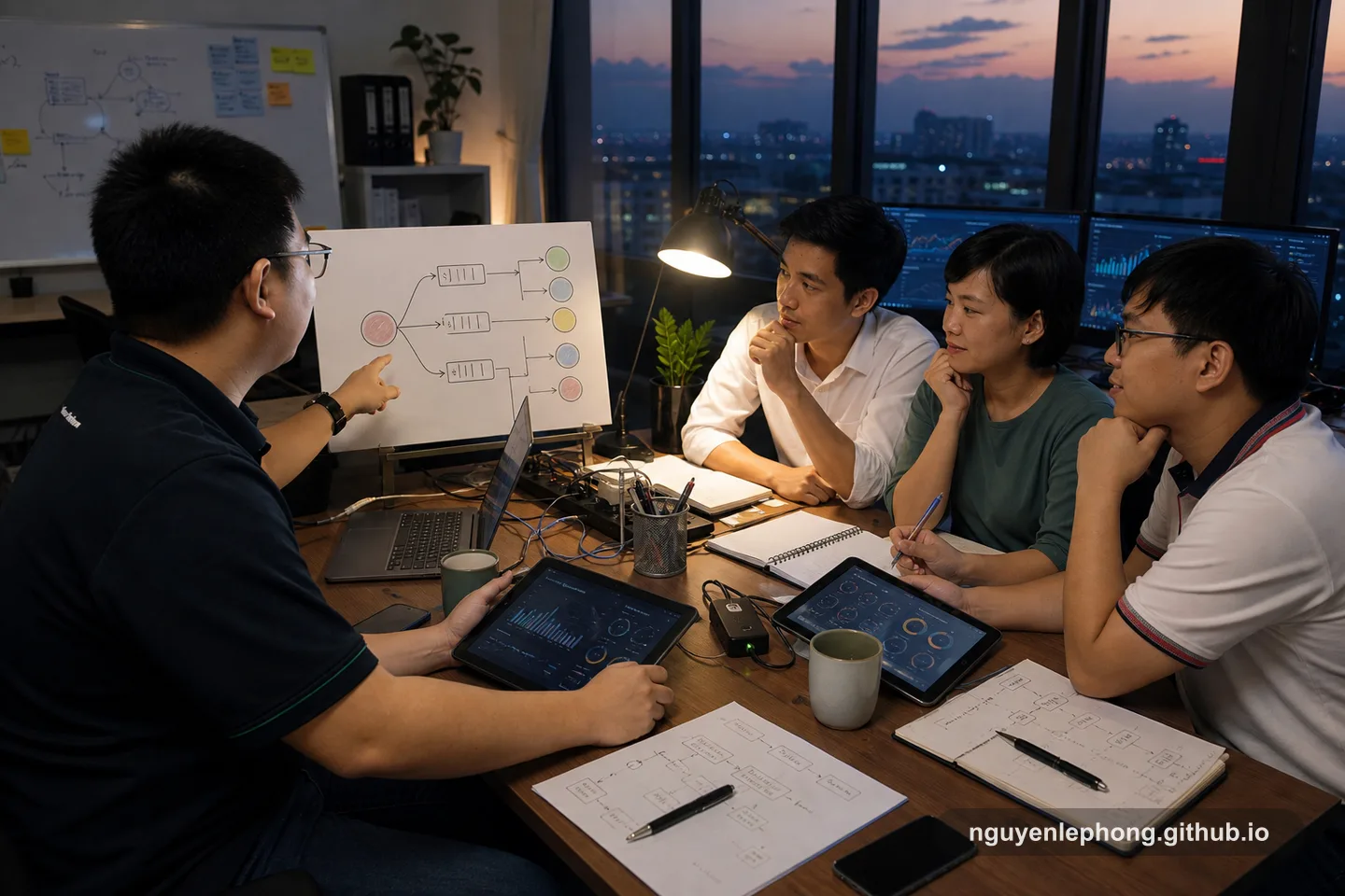 A small engineering team reviews an event fan-out plan around a table at dusk, deciding who should react to one shared event and who should stay out of the flow.