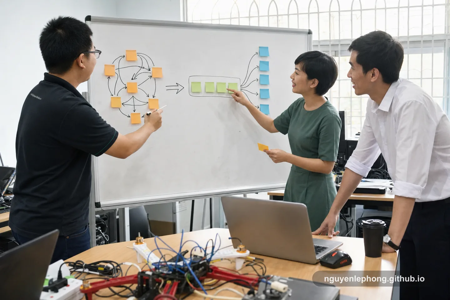 Three Vietnamese engineers stand at a whiteboard, turning a tangled call chain into a queue with independent subscribers.