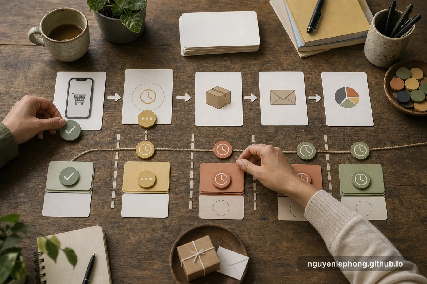 Những bàn tay sắp thẻ trạng thái, token và icon đơn giản trên mặt bàn để cho thấy phần nào của hành trình khách hàng xảy ra ngay, phần nào đến muộn hơn.