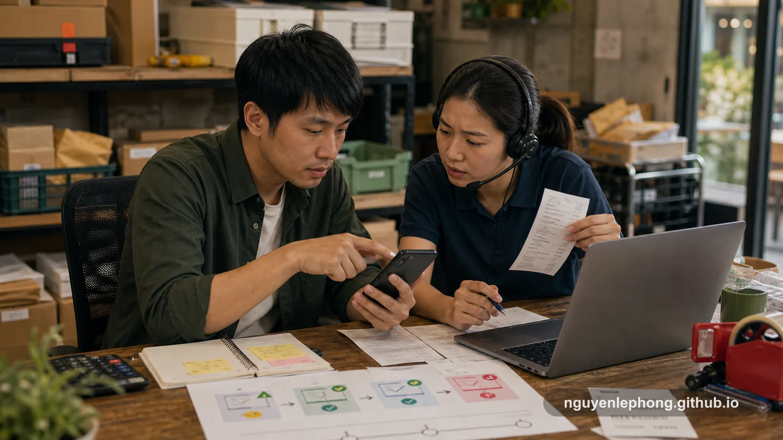 Một bạn support và một engineer cùng so điện thoại, laptop và phiếu đơn trong góc back office đầy kiện hàng, khi payment đã xong nhưng một trạng thái khác phía khách hàng vẫn chưa bắt kịp.