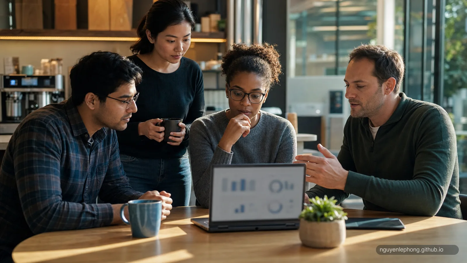 Engineering teammates gather near a coffee machine around a laptop with blurred support signals during a calm product discussion.
