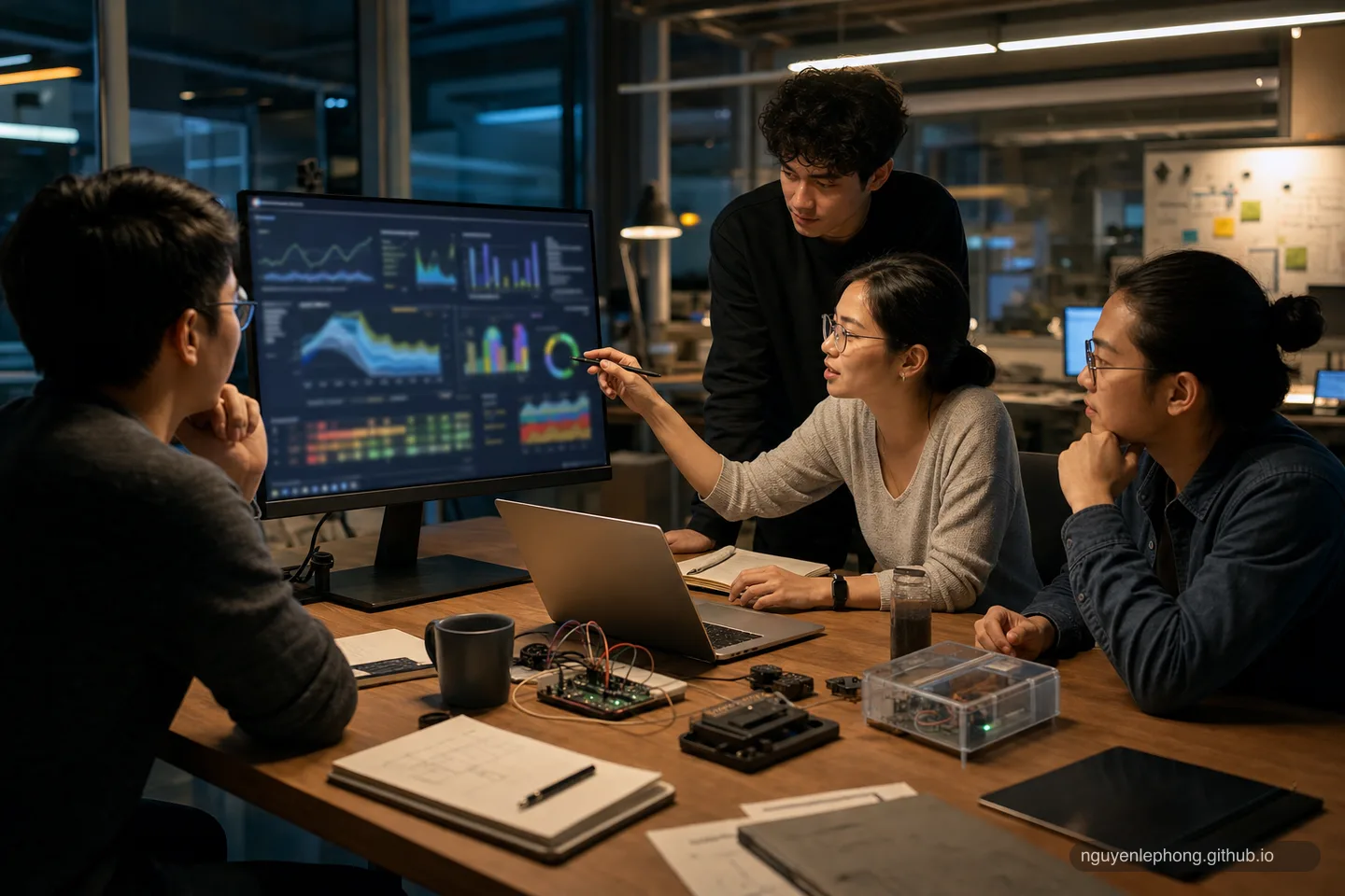 Engineers review blurred observability charts and prototype hardware together before a release readiness decision.
