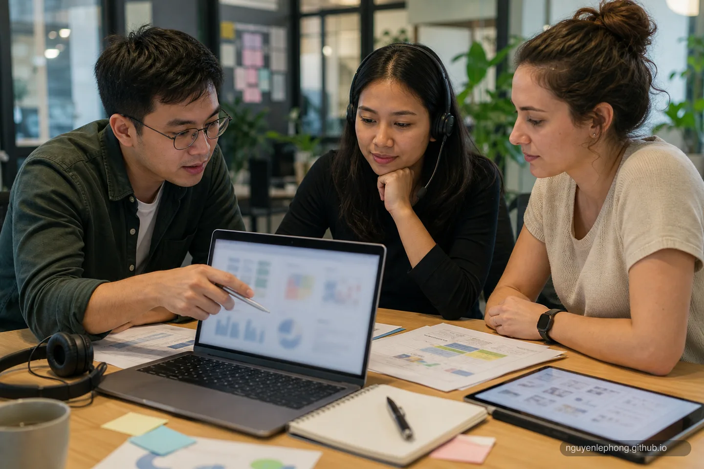 A product engineer, support teammate, and operations colleague review blurred customer workflow signals on a laptop and notes.