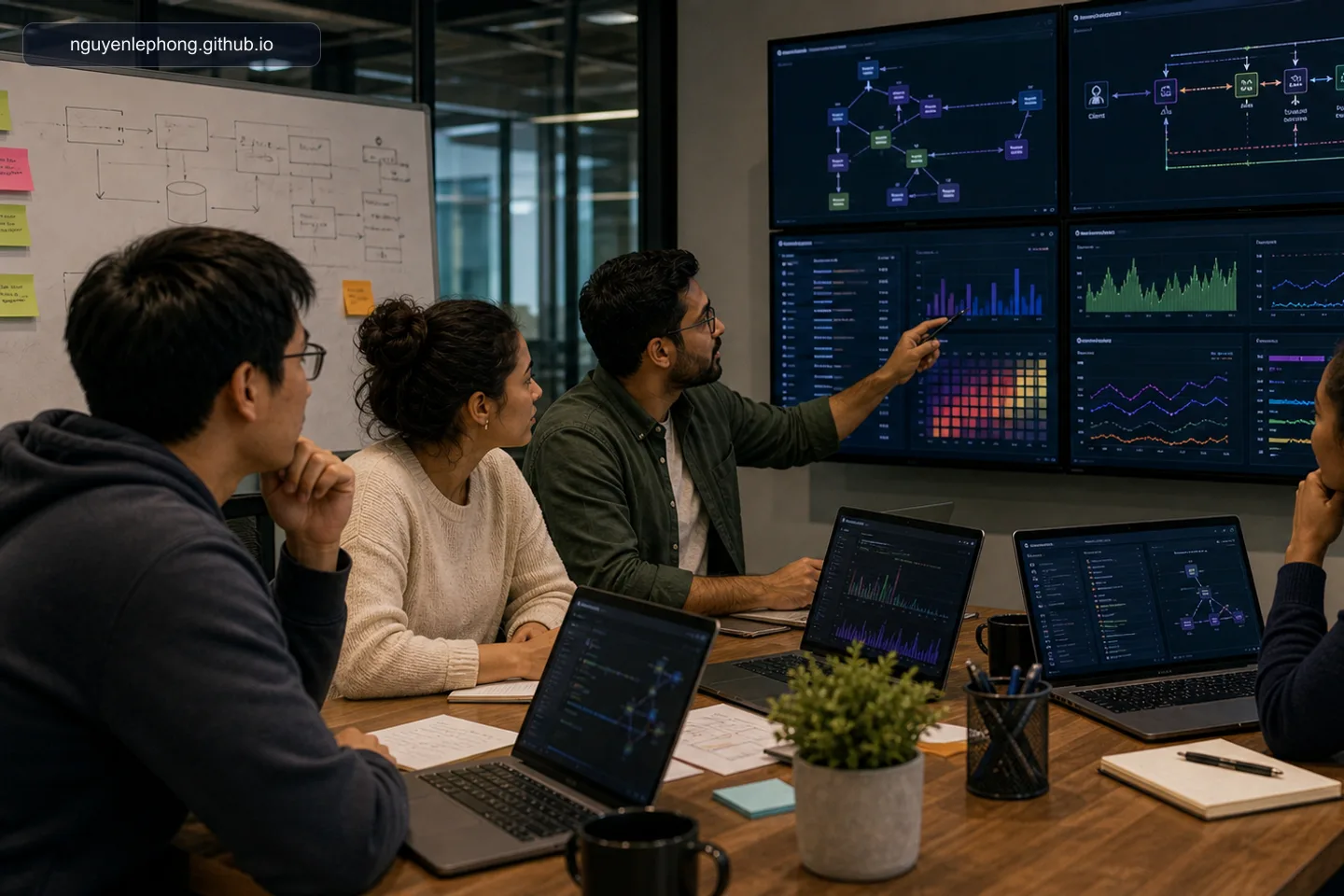 Một nhóm delivery cùng nhìn performance dashboard và sơ đồ resolver để thấy một GraphQL query có thể che giấu nhiều chi phí backend ra sao.