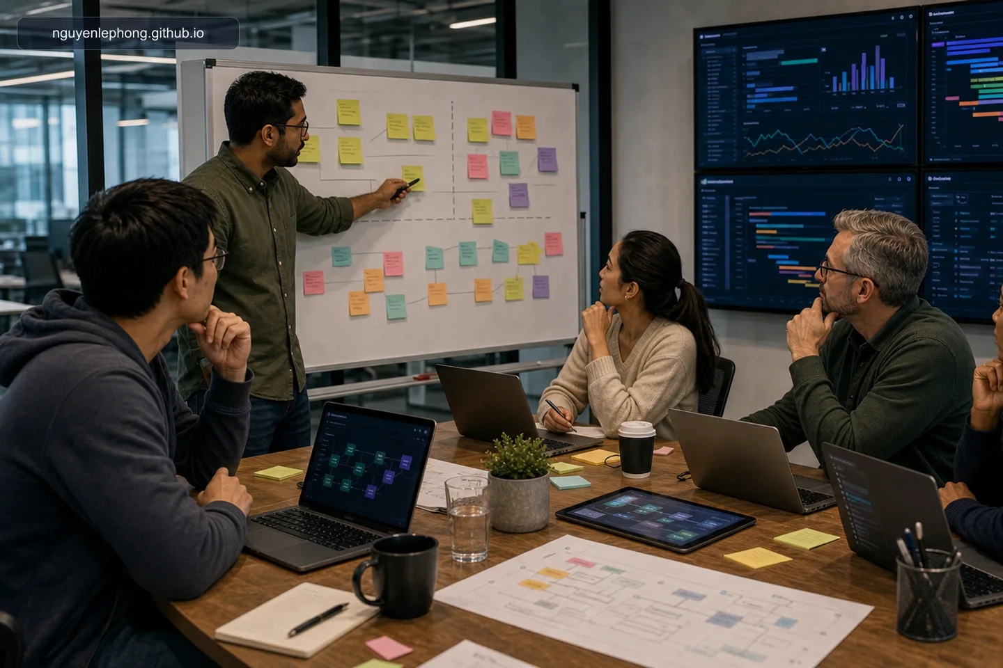 Một software team cùng xem phân bổ workload trên whiteboard và dashboard trong một buổi weekly review bình tĩnh.