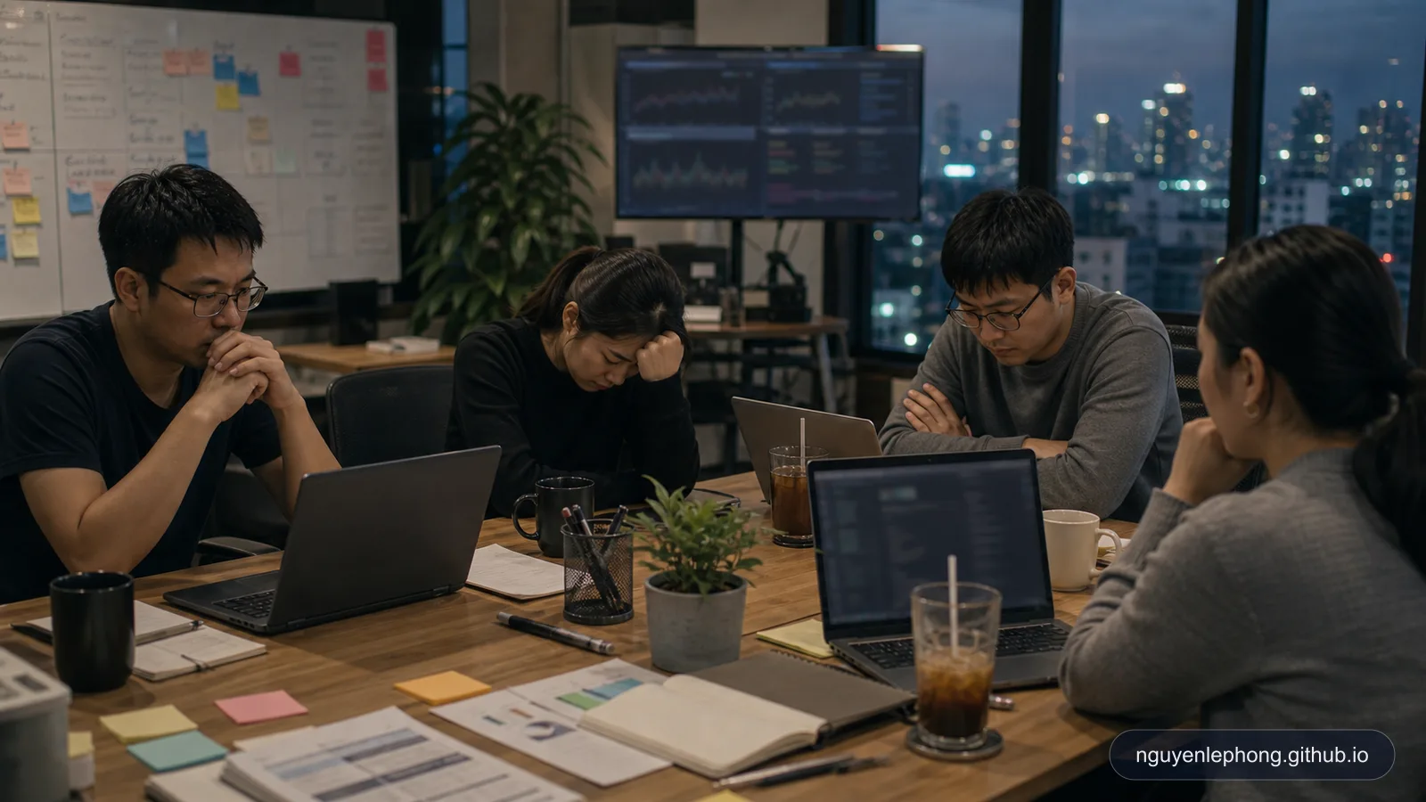 Một engineer người Việt và các teammate ngồi lại trong văn phòng sau khi production fix đã vào, nhưng căn phòng vẫn còn giữ nguyên cái giá của một buổi release căng thẳng.