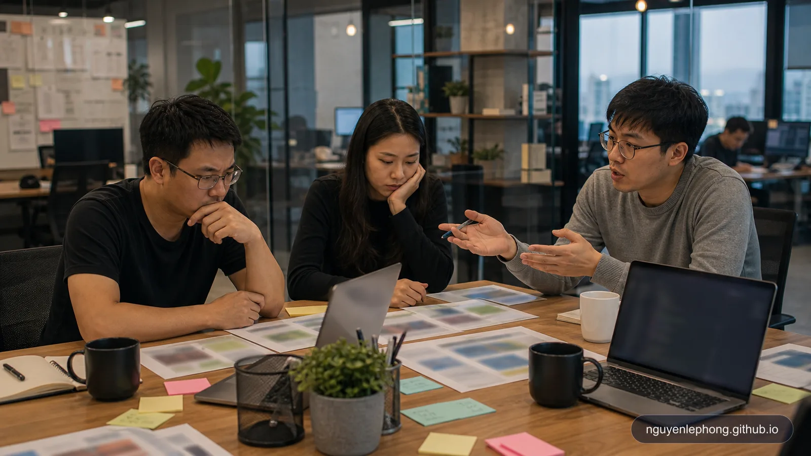 Một engineer nói nhiều áp đảo bàn review trong khi các teammate ít nói hơn dần rút lại trong một cuộc trao đổi ở văn phòng TP.HCM.