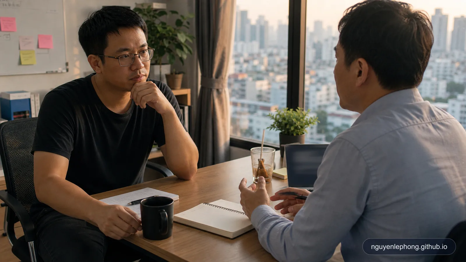 Một engineering manager người Việt ngồi nói chuyện trực diện nhưng tôn trọng với một engineer high-output về hành vi, trust và kỳ vọng trong team.