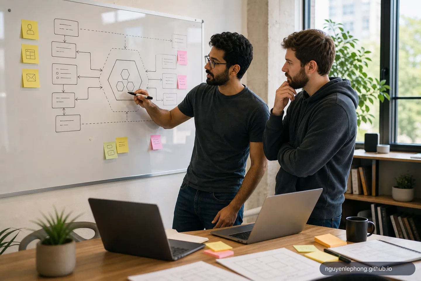Two engineers map a refund feature onto a whiteboard, separating the inner business core from surrounding adapters and delivery paths.
