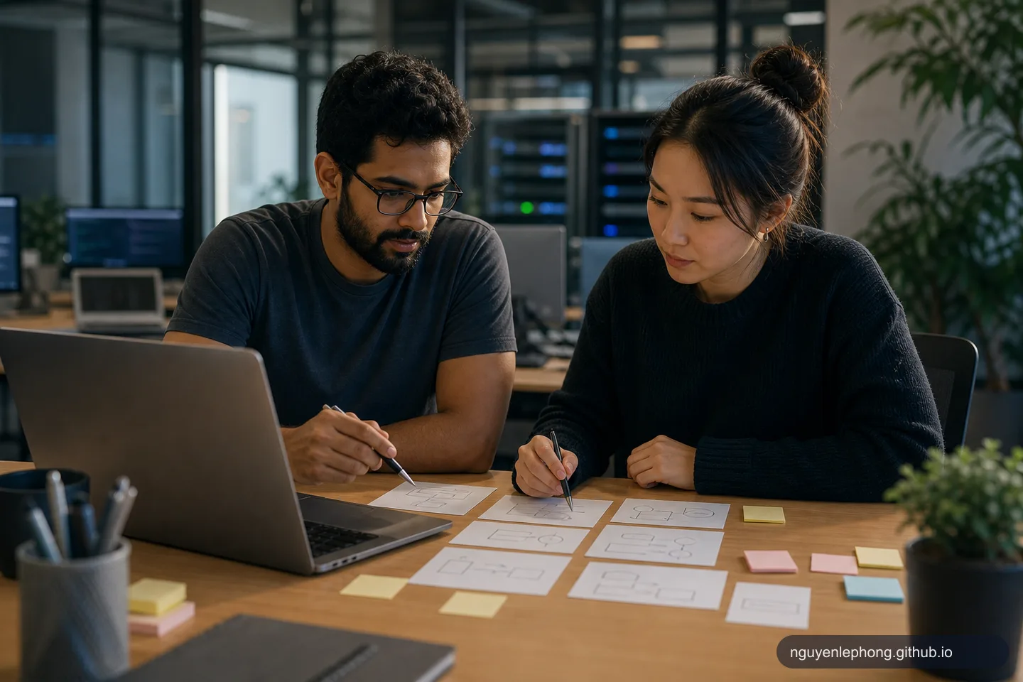 Two engineers test a refund workflow with small diagram cards and a laptop while the heavier infrastructure stays blurred in the background.
