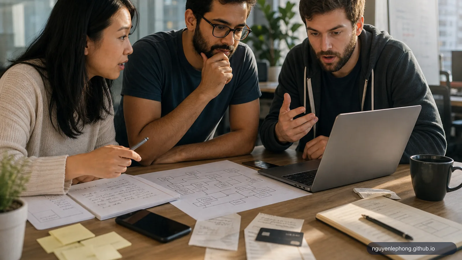 A customer support teammate and two engineers review a refund feature that suddenly touches several systems around one desk before lunch.