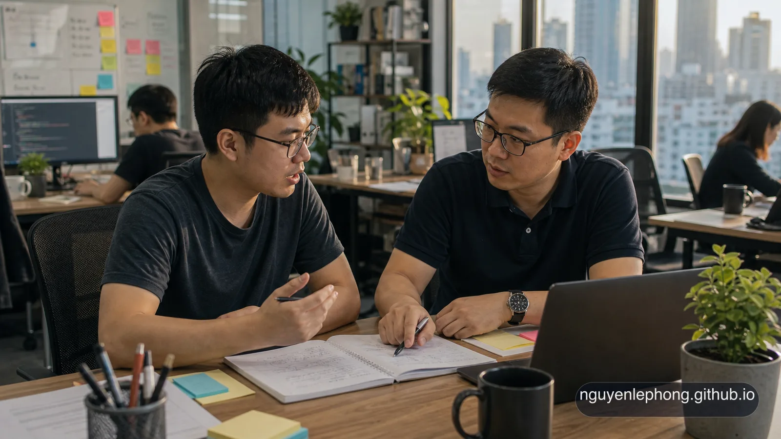 Một engineering manager người Việt đang coaching một software engineer đầu sự nghiệp qua ghi chú onboarding và kế hoạch bài toán đầu tiên tại bàn làm việc chung.