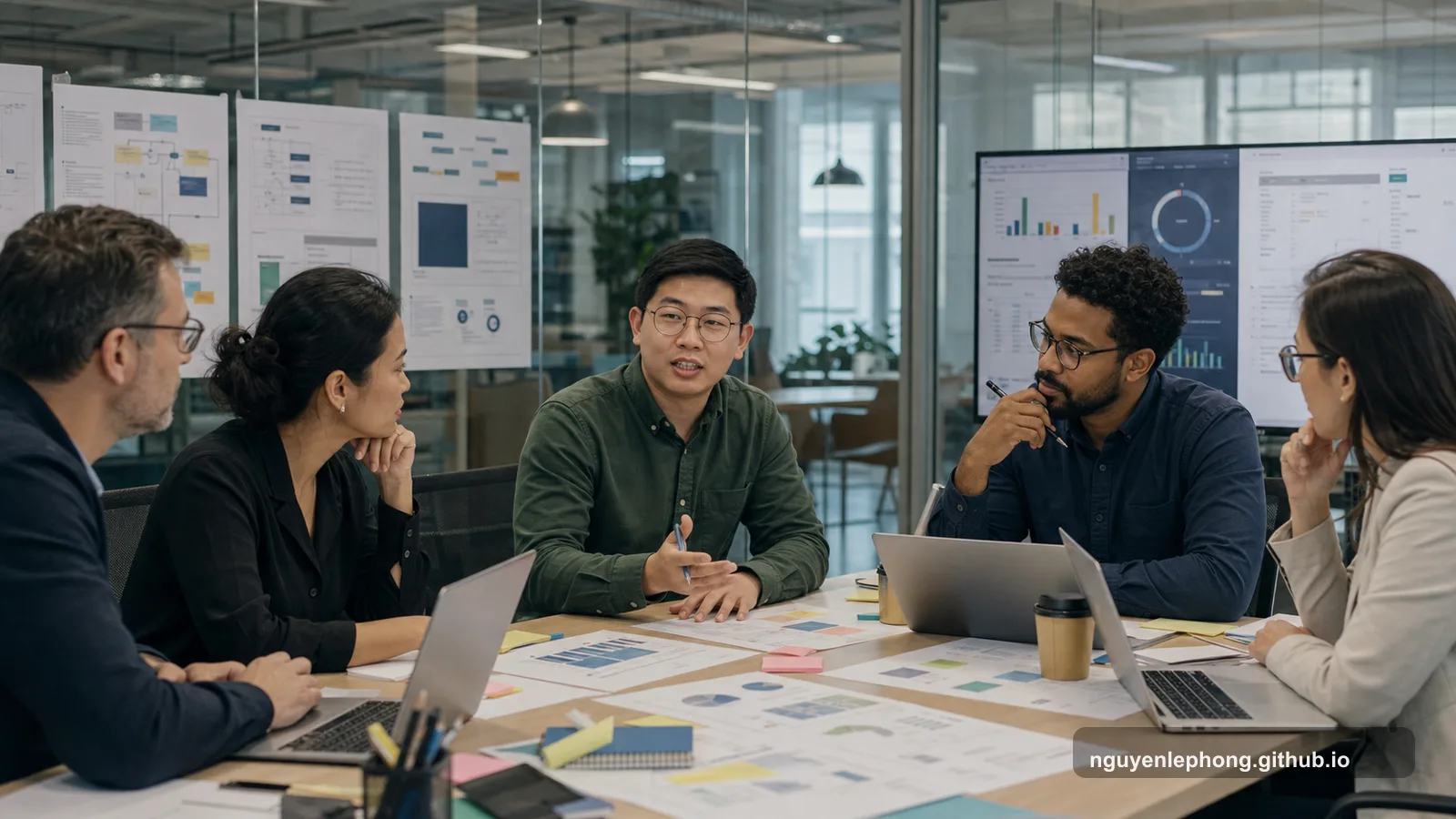 Phong joins an enterprise planning meeting with product, architecture, and engineering stakeholders aligning roadmaps around a shared table.