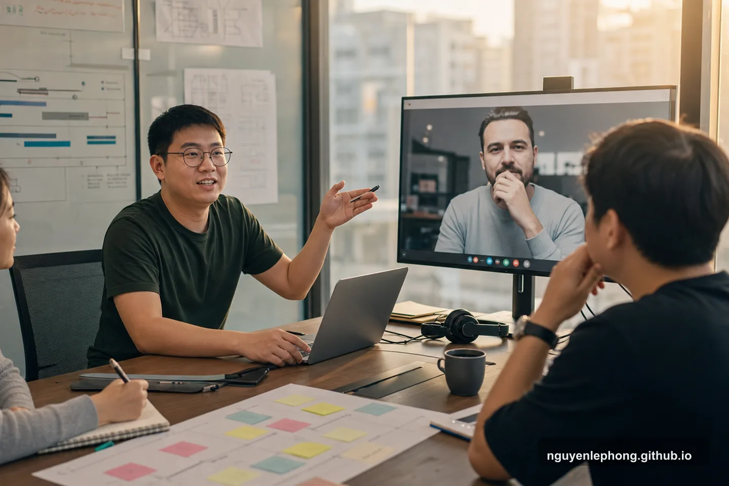 Phong presents progress to a remote client while two local teammates capture notes and separate scope from technical delivery decisions.