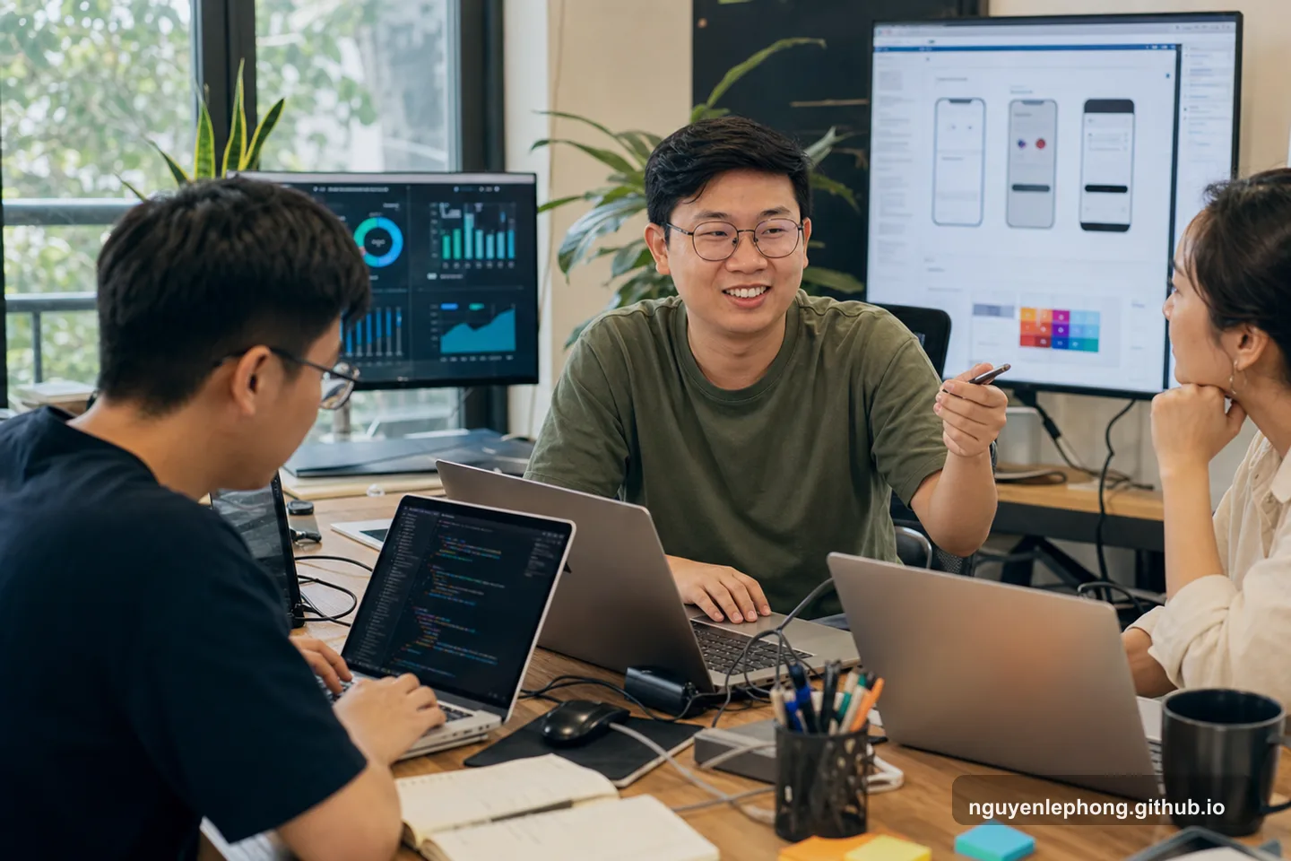Phong works with two teammates in a compact startup workspace, moving between product decisions, code, and deployment context in the same conversation.